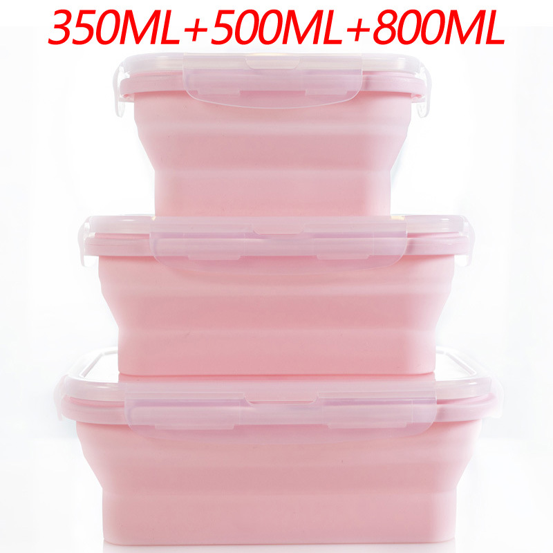 V888-ELOSUNG17547-216372-00 3-piece Set Pink Collapsible Silicone Food Storage Containers Set - 350ML, 500ML, 800ML | BPA-Free, Microwave, Dishwasher & Freezer Safe | Foldable & Portable Bento Boxes for Travel & Outdoor - Image 1