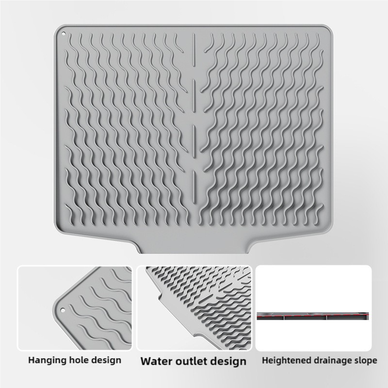 V888-ELOSUNG17623-216627-00 Grey Silicone Dish Drying Mat, Non-Slip Draining Pad for Sink, Heat-Resistant and Water-Absorbent, Ideal for Dishes, Cups, and Utensils - Image 1