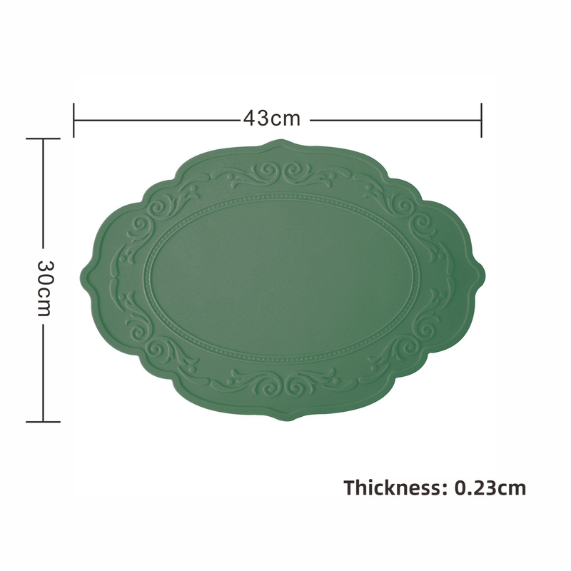 V888-ELOSUNG17644-216865-00 2 Pcs Green Oval Embossed Floral Edged Silicone Placemats, Non-Slip, Heat-Resistant, Easy-to-Clean Dining Table Mats, Korean and European Style - Image 1