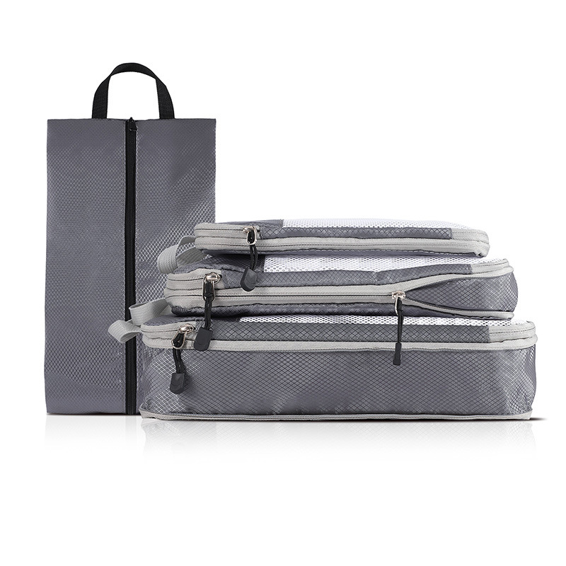 V888-ELOSUNG17646-216873-00 4-piece Set Grey Compression Travel Storage Bags Set, Mesh Travel Organizers for Luggage, Foldable and Space-Saving Packing Cubes - Image 1