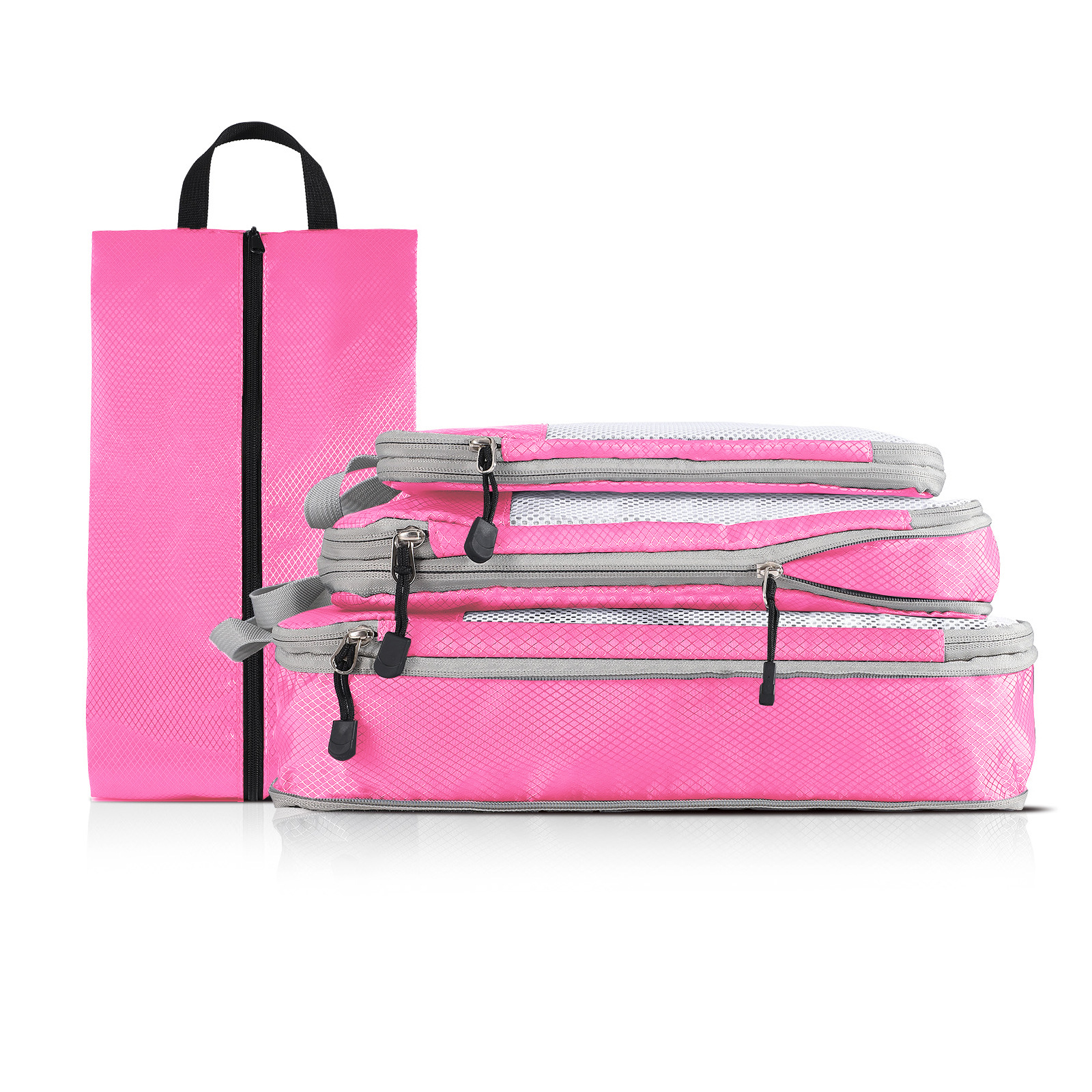 V888-ELOSUNG17647-216874-00 4-piece Set Pink Compression Travel Storage Bags Set, Mesh Travel Organizers for Luggage, Foldable and Space-Saving Packing Cubes - Image 1