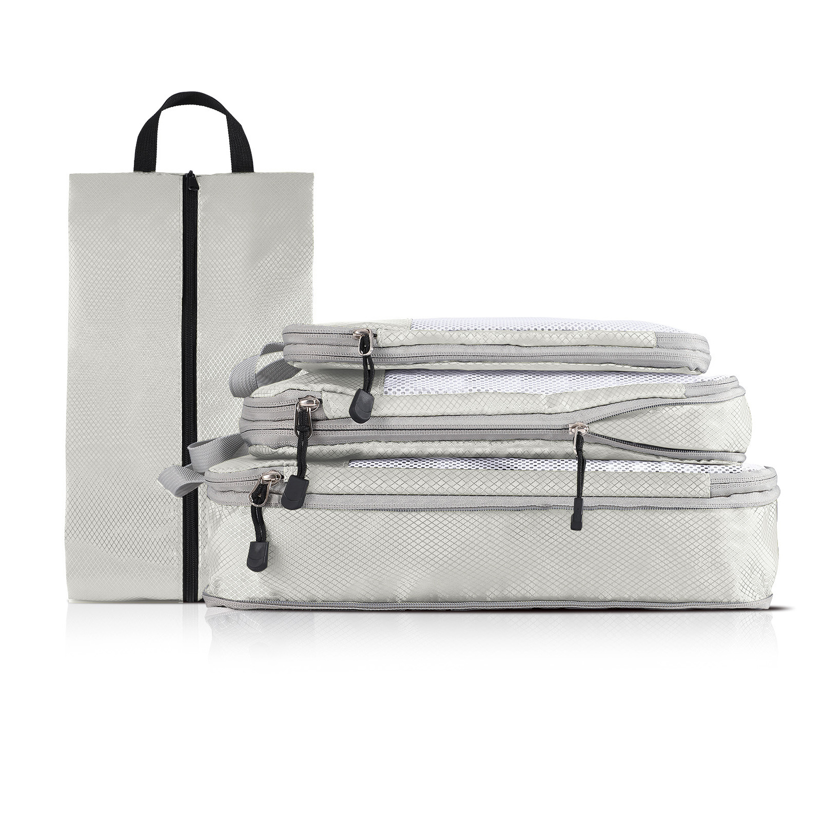 V888-ELOSUNG17648-216875-00 4-piece Set Beige Compression Travel Storage Bags Set, Mesh Travel Organizers for Luggage, Foldable and Space-Saving Packing Cubes - Image 1