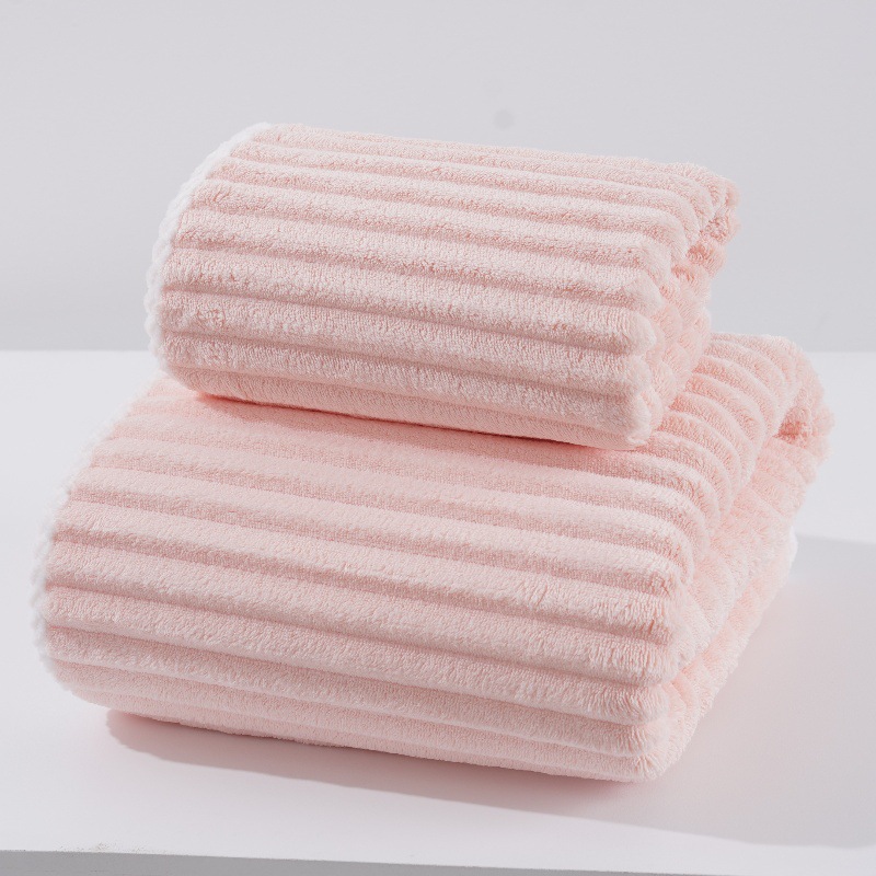V888-ELOSUNG17788-223329-00 Pink Soft Candy Stripe Coral Fleece Bath Towel and Washcloth Set, Ultra Absorbent, Skin-Friendly - Image 1