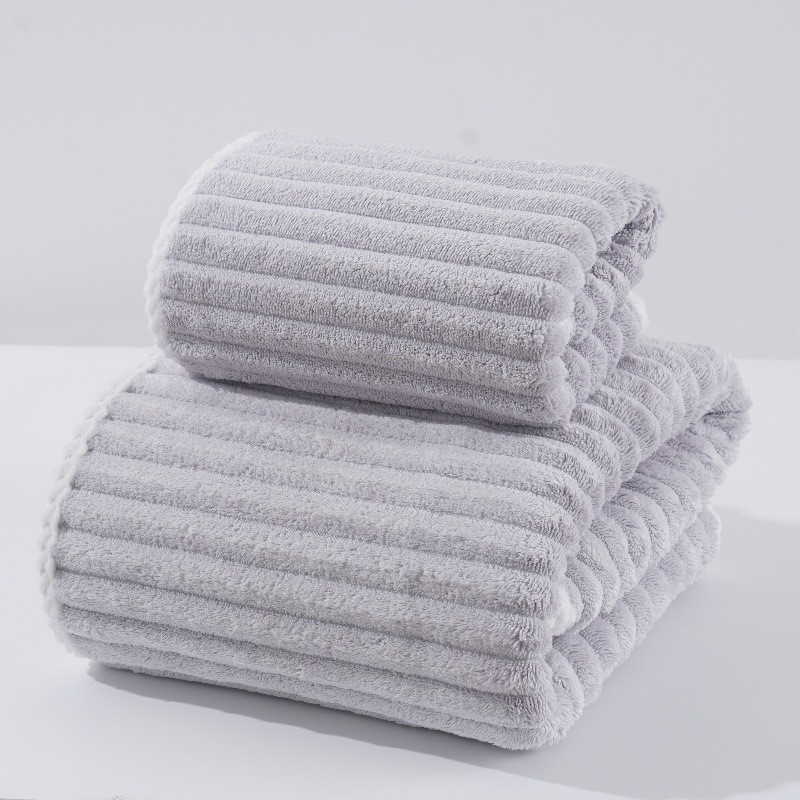 V888-ELOSUNG17791-223332-00 Grey Soft Candy Stripe Coral Fleece Bath Towel and Washcloth Set, Ultra Absorbent, Skin-Friendly - Image 1