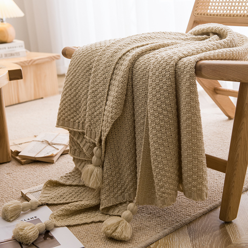 V888-ELOSUNG17835-224190-00 Beige 110cm x 150cm Soft Tassel Throw Blanket for Sofa or Bed, Cozy Casual Blanket for Office Nap, Minimalist Bed End Cover - Image 1