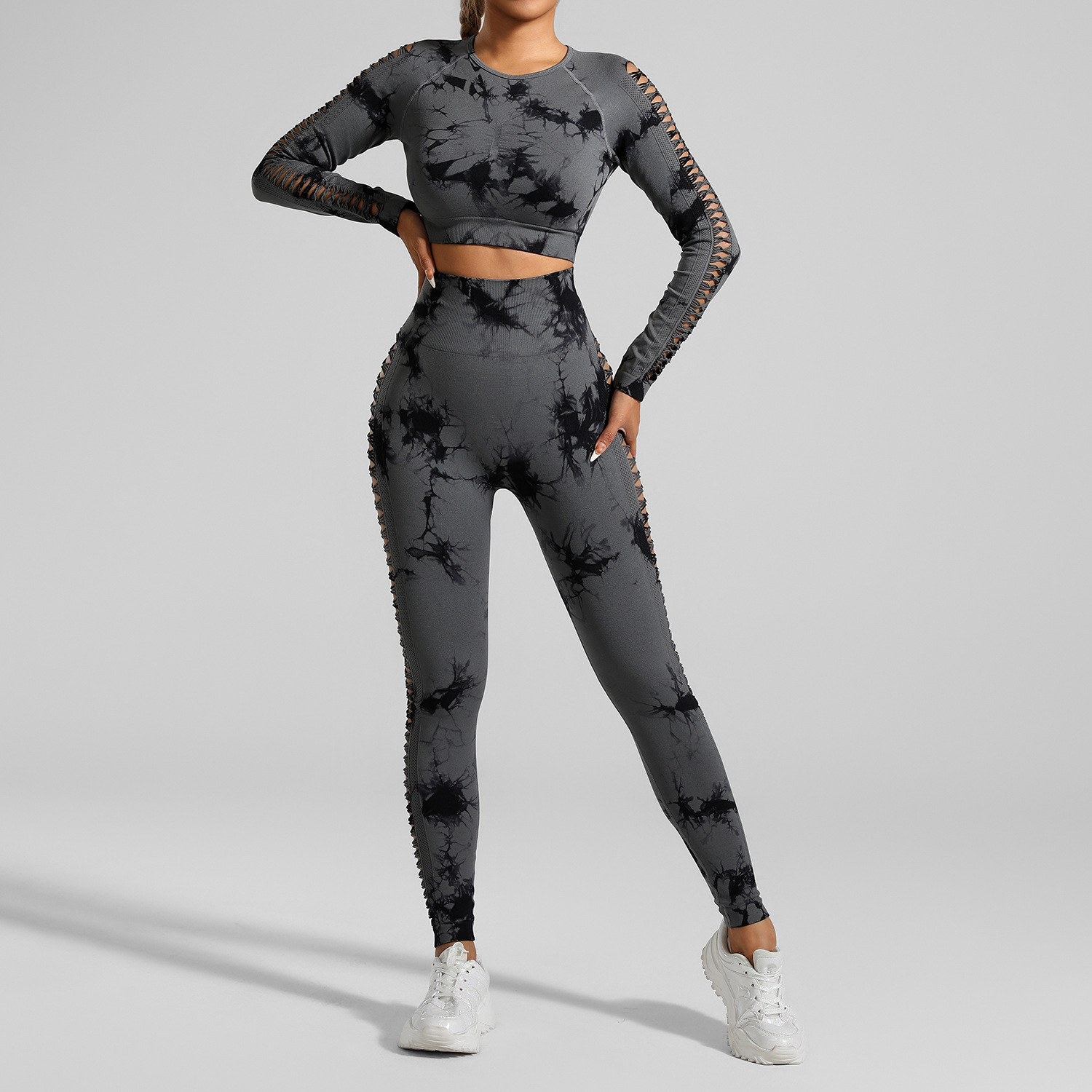 V888-ELOSUNG17845-224438-00 Dark Gray Size L Tie-Dye Yoga Set Long Sleeve Butt Lift Leggings Seamless Workout Training Gym Clothes - Image 1