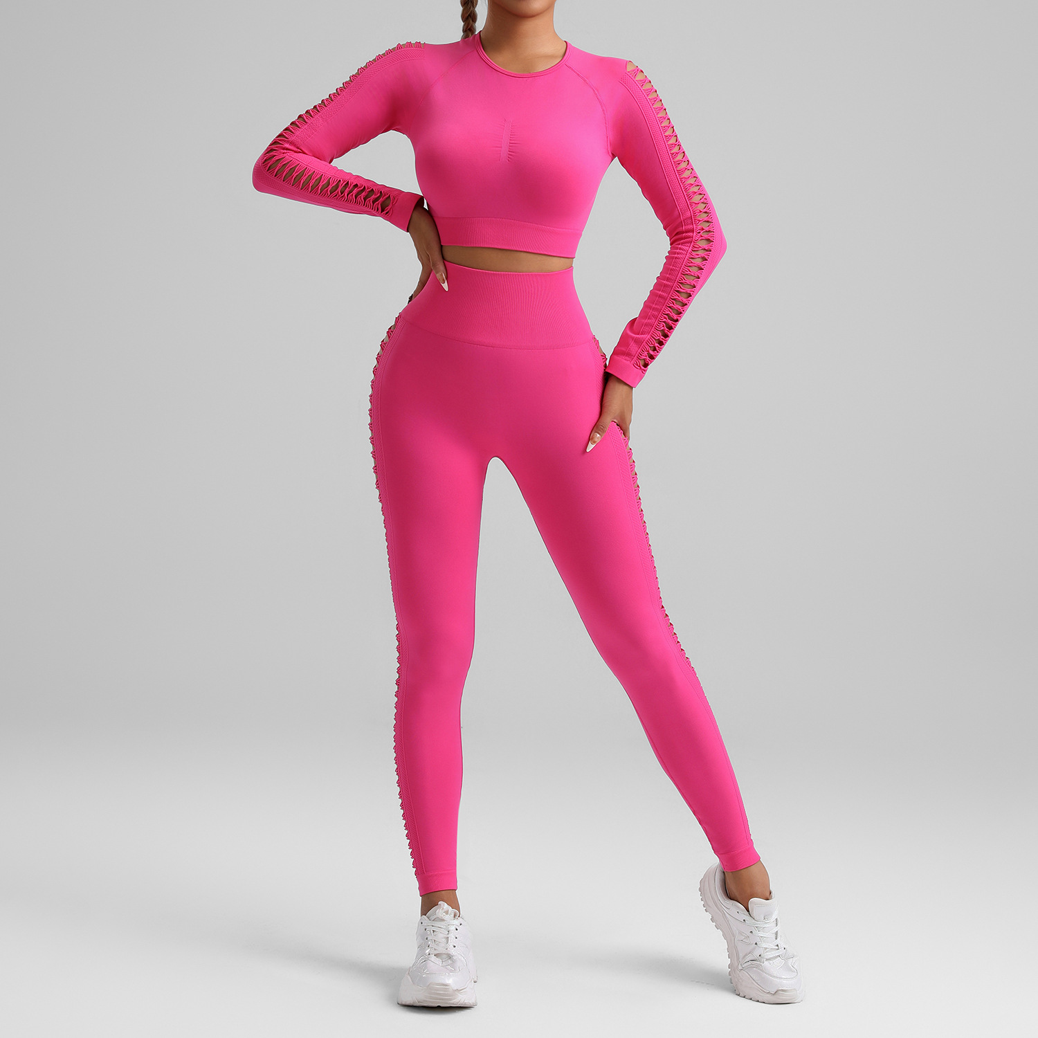V888-ELOSUNG17849-224450-00 Rose Red Size S Tie-Dye Yoga Set Long Sleeve Butt Lift Leggings Seamless Workout Training Gym Clothes - Image 1