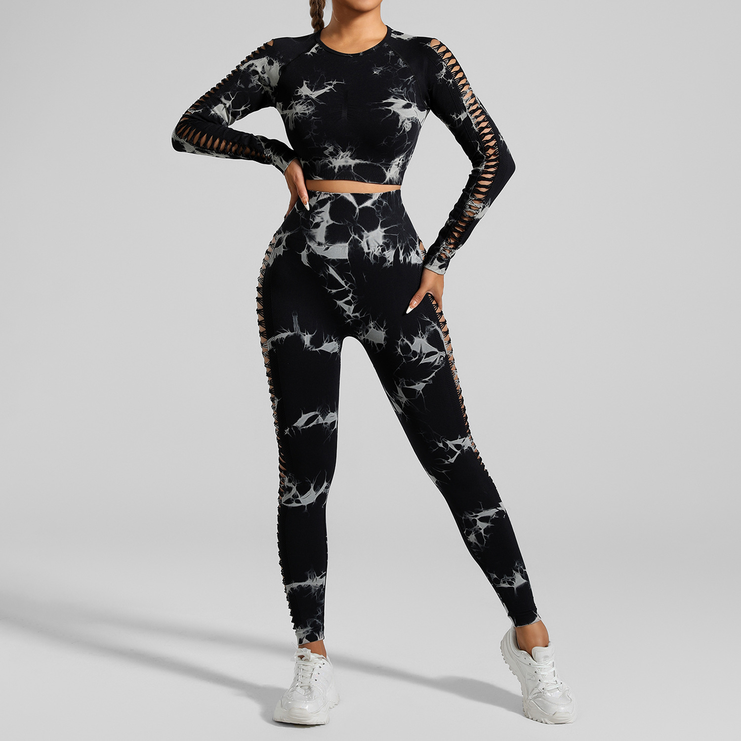V888-ELOSUNG17853-224462-00 Black and Grey Tie-Dye Size M Tie-Dye Yoga Set Long Sleeve Butt Lift Leggings Seamless Workout Training Gym Clothes - Image 1