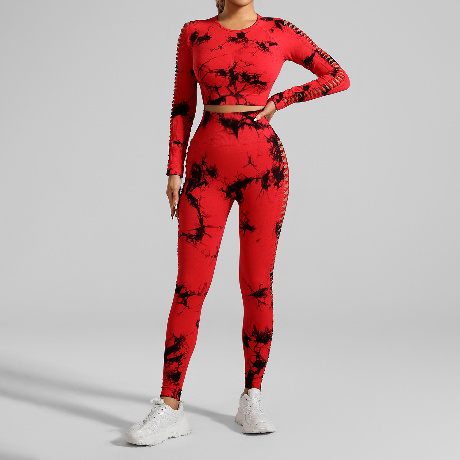 V888-ELOSUNG17857-224589-00 Red and Black Tie-Dye Size L Tie-Dye Yoga Set Long Sleeve Butt Lift Leggings Seamless Workout Training Gym Clothes - Image 1