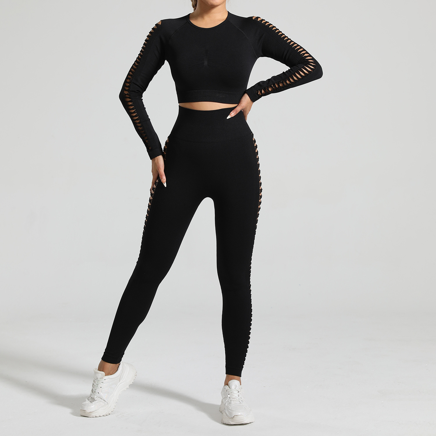 V888-ELOSUNG17859-224592-00 Black Size M Tie-Dye Yoga Set Long Sleeve Butt Lift Leggings Seamless Workout Training Gym Clothes - Image 1