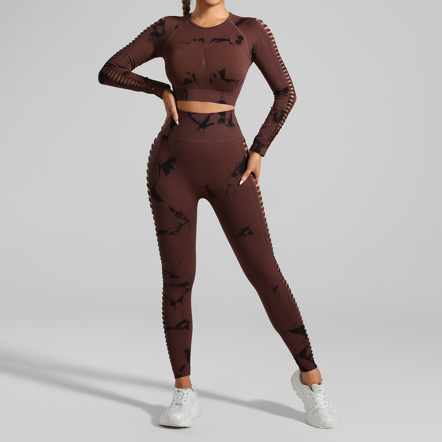 V888-ELOSUNG17861-224595-00 Coffee and Black Tie-Dye Size S Tie-Dye Yoga Set Long Sleeve Butt Lift Leggings Seamless Workout Training Gym Clothes - Image 1