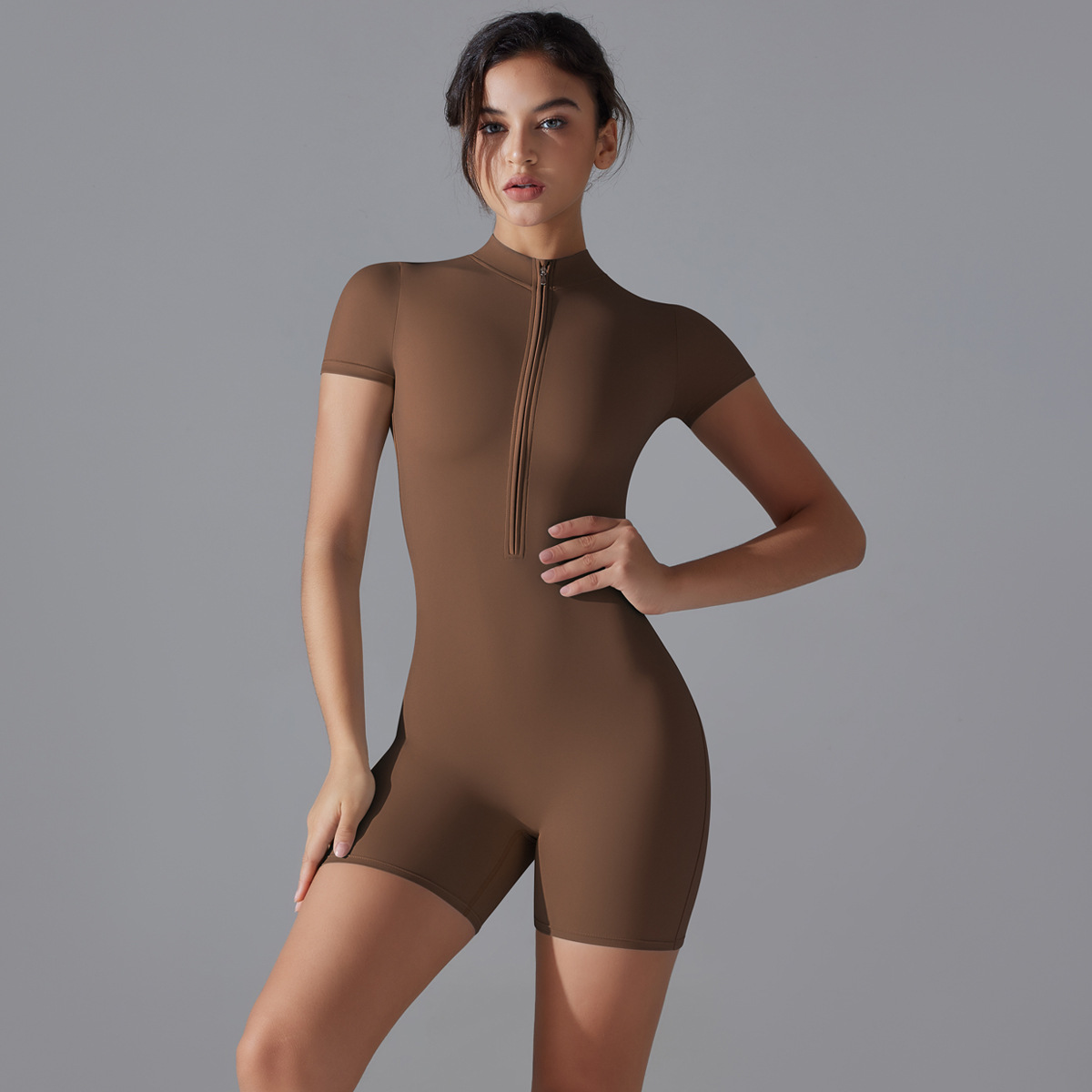 V888-ELOSUNG17876-224667-00 Brown Size M Women's Summer Zip-Up Bodysuit - Short Sleeve, High Stretch Yoga & Dance Outfit, Breathable Fitness Wear - Image 1