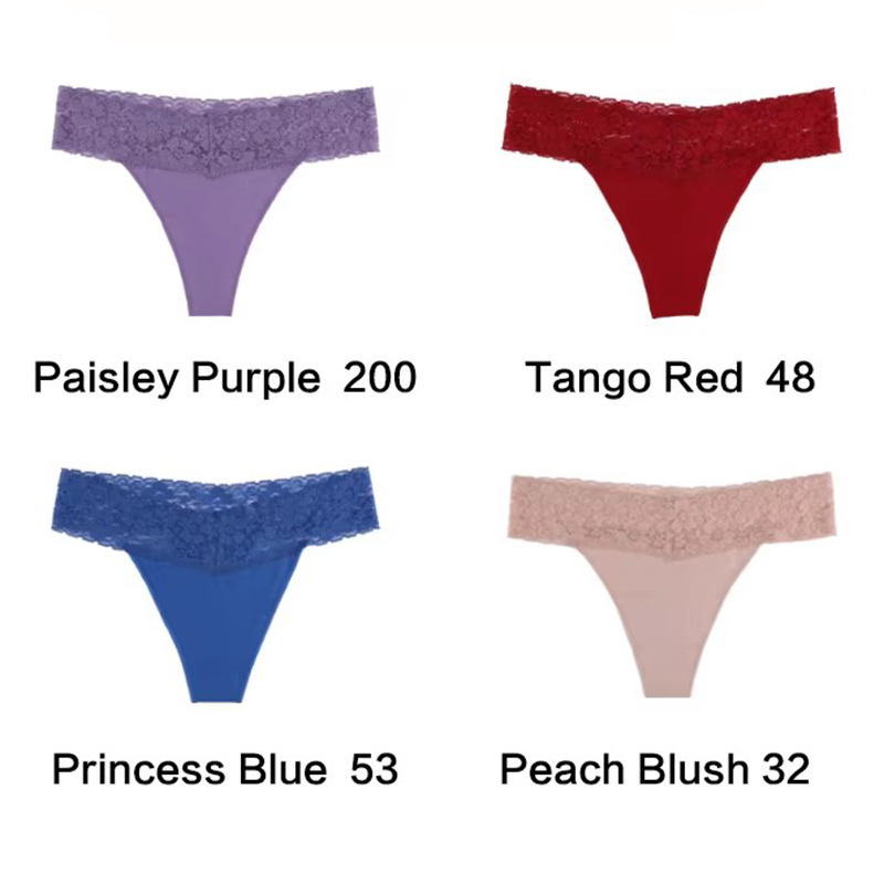 V888-ELOSUNG17943-224144-00 Size M Lace-Trimmed Thong Underwear -4-Pack in Paisley Purple,Tango Red,Princess Blue and Peach Blush - Image 1