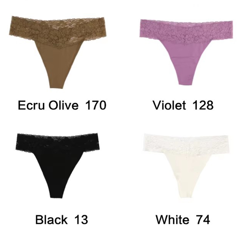 V888-ELOSUNG17948-224159-00 Size M Lace-Trimmed Thong Underwear -4-Pack in Ecru Olive,Violet,Black and White - Image 1
