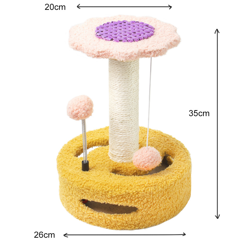 V888-ELOSUNG18133-202503252006-00 Yellow Bold Flower Cat Scratching Post - Interactive Plush & Sisal Cat Toy with Teaser Balls - Image 1