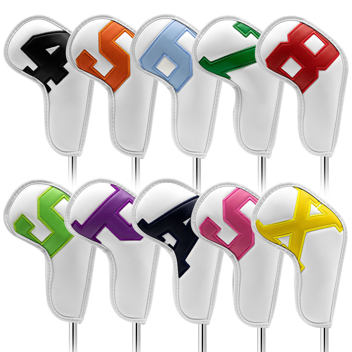 V888-ELOSUNG18158-202504211207-00 White covers with various colored numbers, Premium PU Leather Golf Iron Headcover Set (10pcs) | Numbered 4-9, P, S, A, X | Protective Club Covers for Irons - Image 1