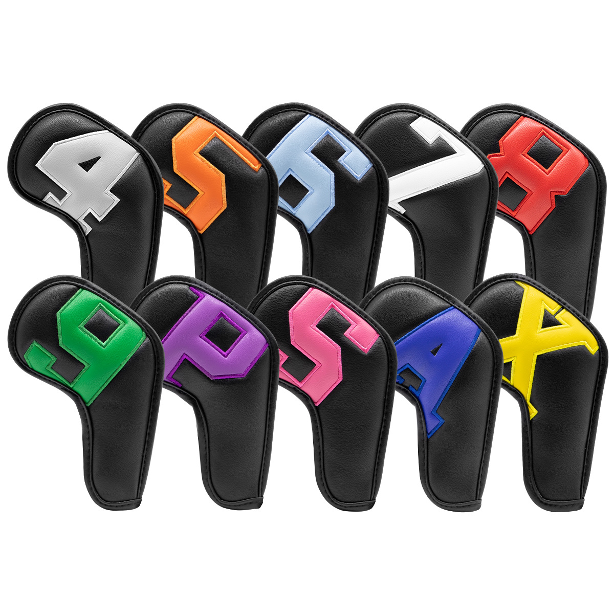 V888-ELOSUNG18159-202504211211-00 Black covers with various colored numbers, Premium PU Leather Golf Iron Headcover Set (10pcs) | Numbered 4-9, P, S, A, X | Protective Club Covers for Irons - Image 1