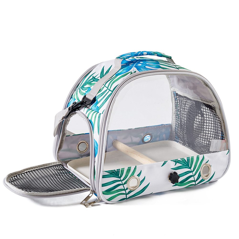 V888-ELOSUNG18188-202504281420-00 Stylish Leaf Print Clear View Bird Carrier - Portable Travel Cage with Perch & Tray for Parrots, Cockatiels & Small Pets - Image 1