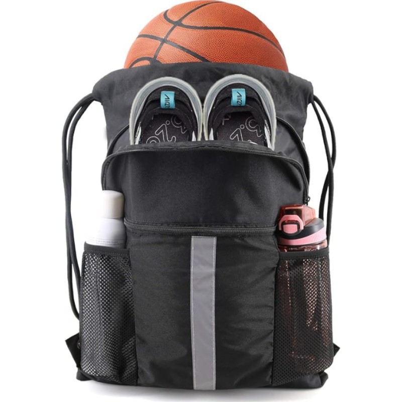 V888-ELOSUNG18198-202504281525-00 Black Multi-Pocket Drawstring Backpack Gym Bag with Zipper Compartments, Bottle Holders & Reflective Strip - Image 1