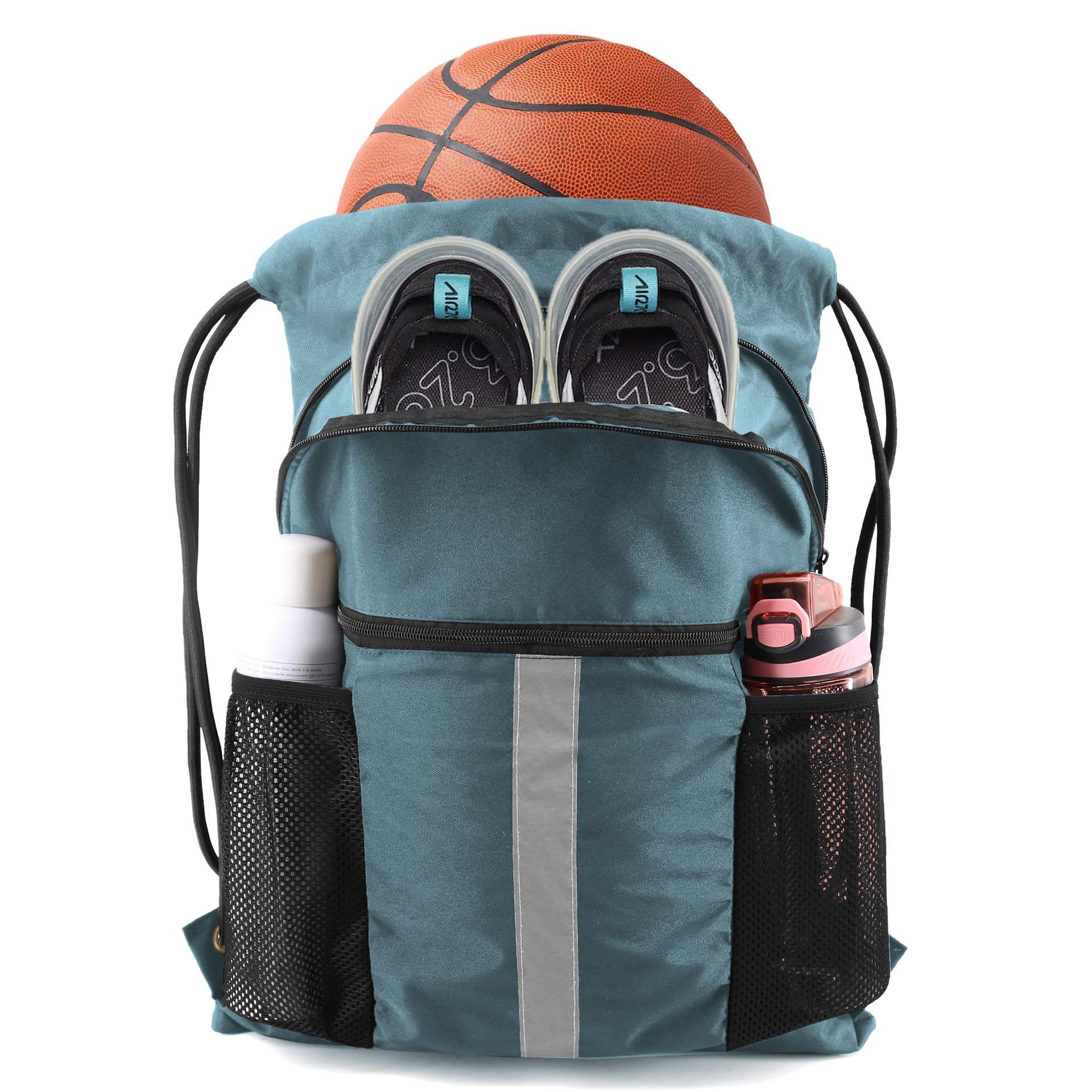 V888-ELOSUNG18199-202504281525-00 Blue Multi-Pocket Drawstring Backpack Gym Bag with Zipper Compartments, Bottle Holders & Reflective Strip - Image 1