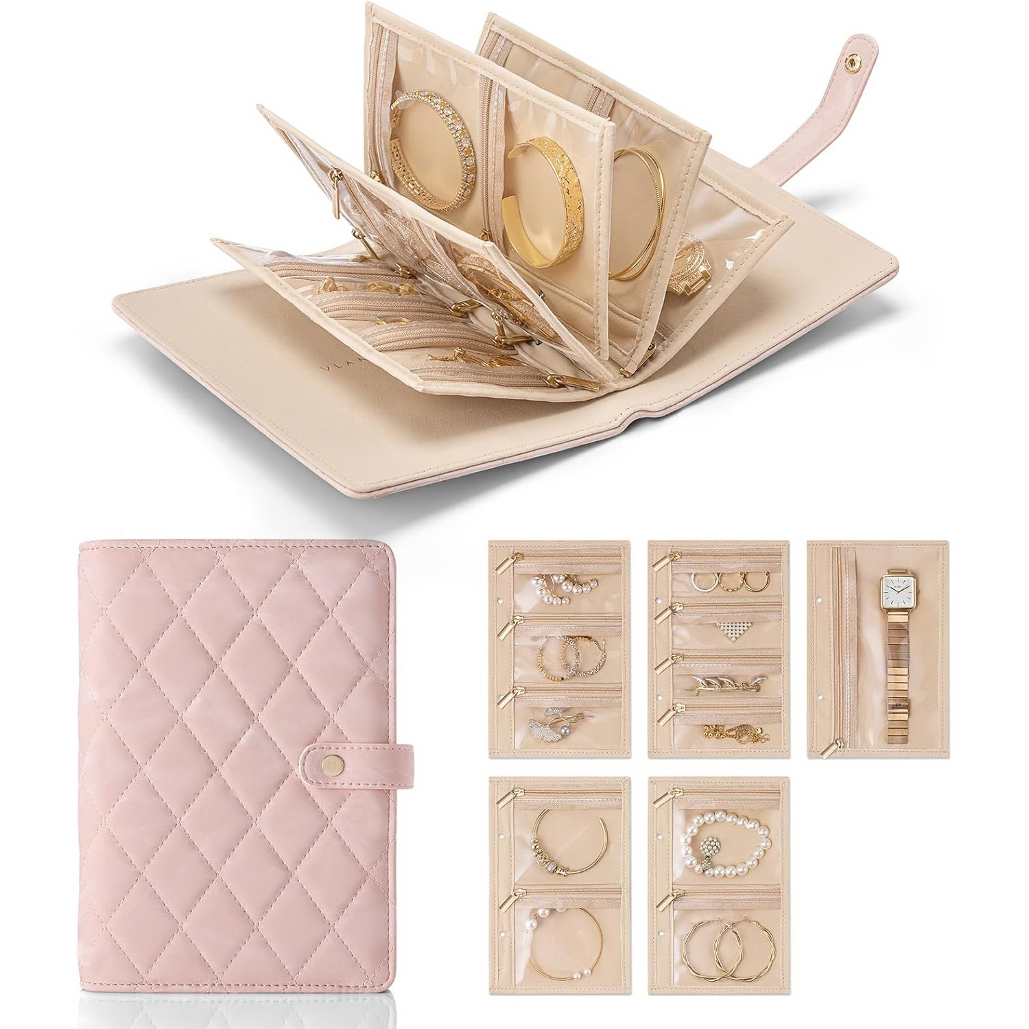V888-ELOSUNG18208-202504281440-00 Pink Elegant Quilted Travel Jewelry Organizer Binder - Portable Loose-Leaf Storage Book with Clear Zipper Pockets for Earrings, Necklaces, Rings - Image 1