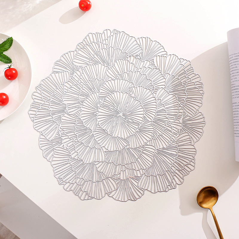V888-ELOSUNG18269-202505231123-00 Silver Elegant Floral PVC Placemats - Set of 8, Durable & Stylish Table Mats (38cm) - Image 1