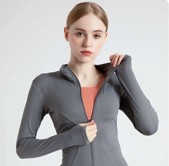 V888-ELOSUNG19019-224656-00 XXXL Grey High-Stretch Slim Fit Yoga Jacket - Full Zip Workout Sports Jacket for Women - Image 1