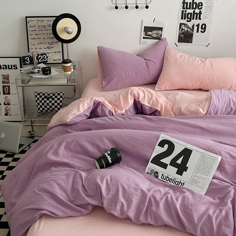 V888-ELOSUNG19082-225841-00 Pink-purple 1.5m Bed Fitted Sheet Set with 200x230cm Duvet Cover - 4-Piece Bedding Set - Image 1