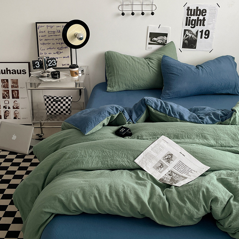 V888-ELOSUNG19085-225844-00 Green-blue 1.5m Bed Fitted Sheet Set with 200x230cm Duvet Cover - 4-Piece Bedding Set - Image 1