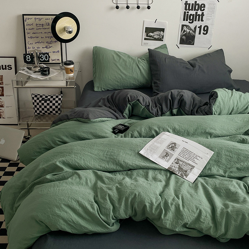 V888-ELOSUNG19086-225845-00 Green-dark grey 1.5m Bed Fitted Sheet Set with 200x230cm Duvet Cover - 4-Piece Bedding Set - Image 1
