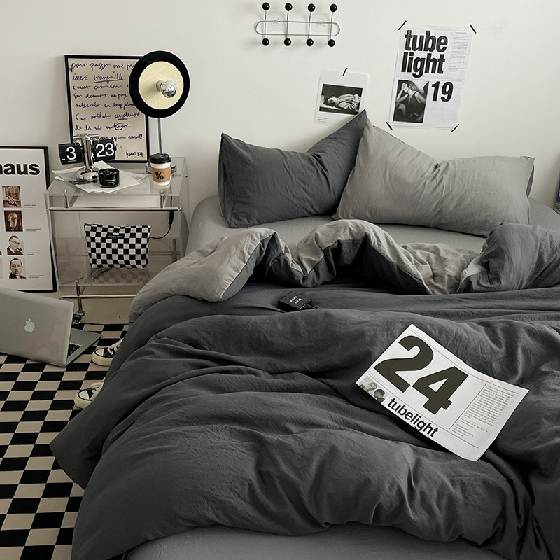 V888-ELOSUNG19087-225846-00 Grey 1.5m Bed Fitted Sheet Set with 200x230cm Duvet Cover - 4-Piece Bedding Set - Image 1