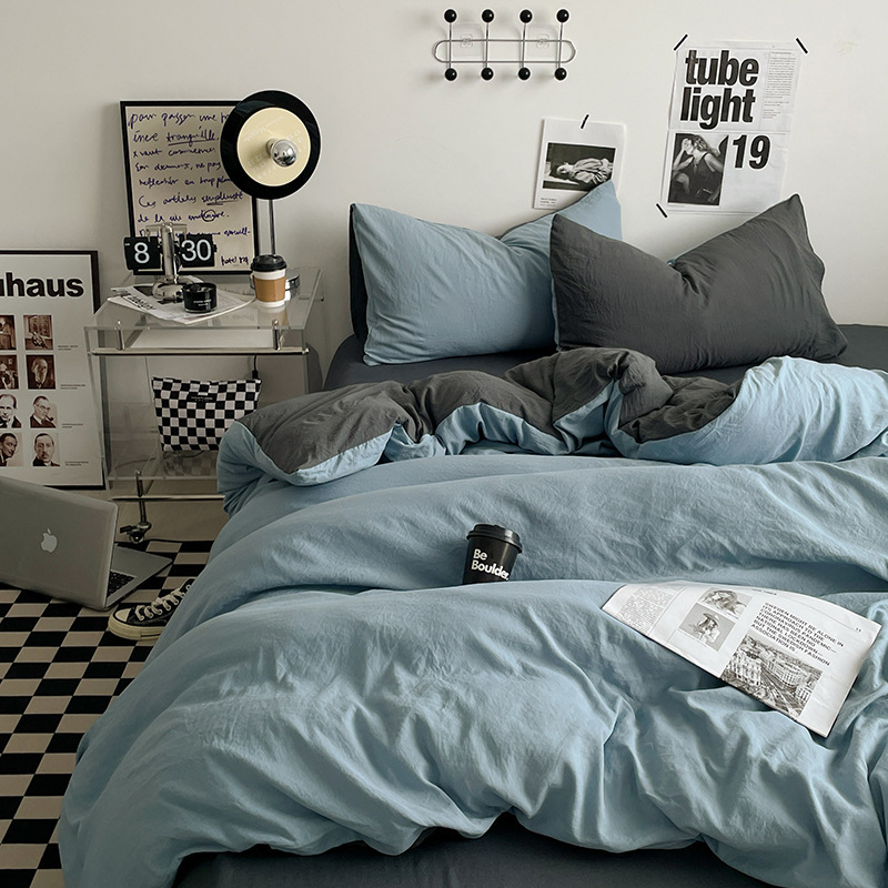 V888-ELOSUNG19089-225848-00 Lightblue-grey 1.5m Bed Fitted Sheet Set with 200x230cm Duvet Cover - 4-Piece Bedding Set - Image 1
