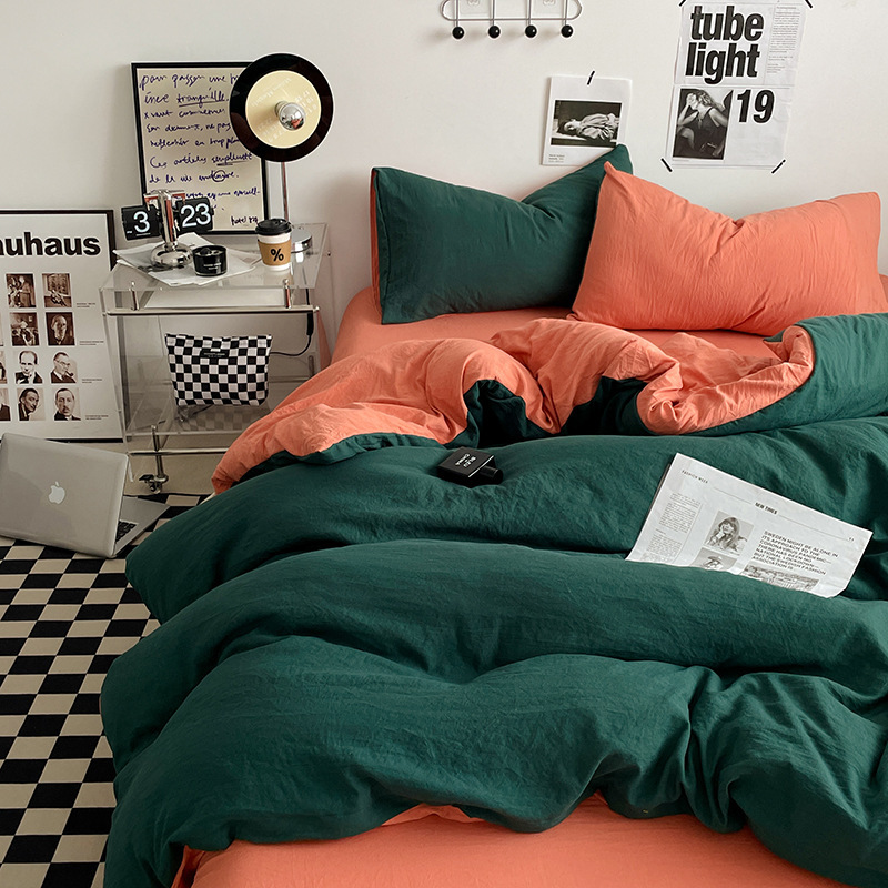 V888-ELOSUNG19090-225849-00 Orange-green 1.5m Bed Fitted Sheet Set with 200x230cm Duvet Cover - 4-Piece Bedding Set - Image 1
