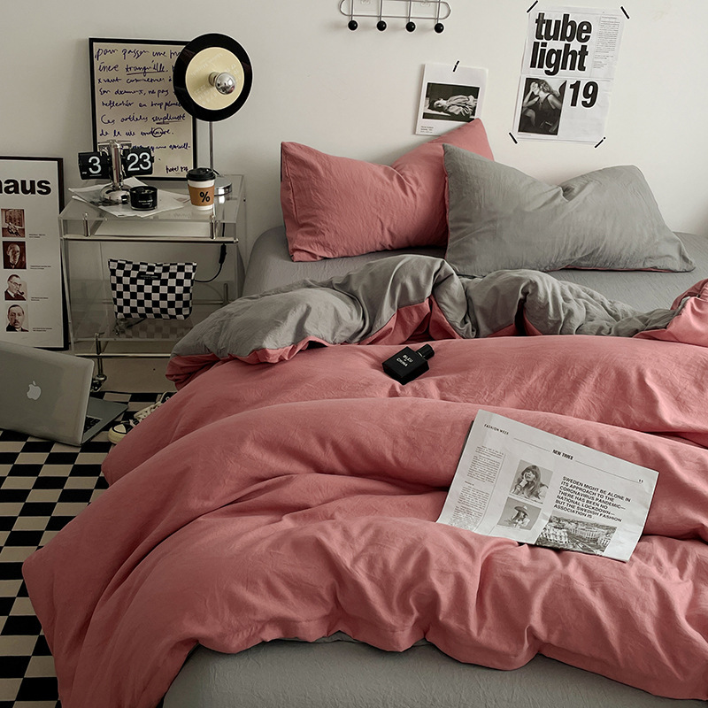 V888-ELOSUNG19091-225850-00 Pink-grey 1.5m Bed Fitted Sheet Set with 200x230cm Duvet Cover - 4-Piece Bedding Set - Image 1