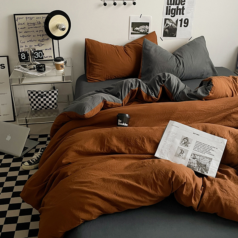 V888-ELOSUNG19095-225854-00 Brown-grey 1.5m Bed Fitted Sheet Set with 200x230cm Duvet Cover - 4-Piece Bedding Set - Image 1