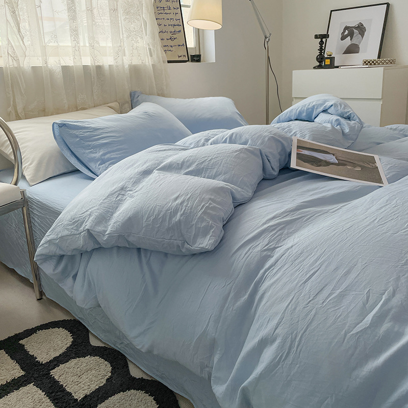 V888-ELOSUNG19096-225855-00 Blue Solid Color Solid Color Solid Color 1.5m Bed Fitted Sheet Set with 200x230cm Duvet Cover - 4-Piece Bedding Set - Image 1
