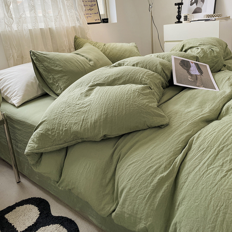 V888-ELOSUNG19098-225857-00 Green Solid Color Solid Color Solid Color 1.5m Bed Fitted Sheet Set with 200x230cm Duvet Cover - 4-Piece Bedding Set - Image 1