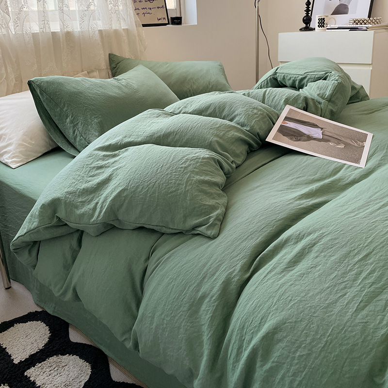 V888-ELOSUNG19099-225858-00 Green-blue Solid Color Solid Color Solid Color 1.5m Bed Fitted Sheet Set with 200x230cm Duvet Cover - 4-Piece Bedding Set - Image 1