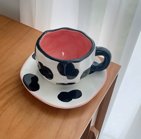V888-ELOSUNG19232-202502241620-00 Milk Cow 300ML Underglaze Hand-Pinched Cup and Saucer Set - Ceramic Coffee Mug Milk Cup Breakfast Set - Image 1