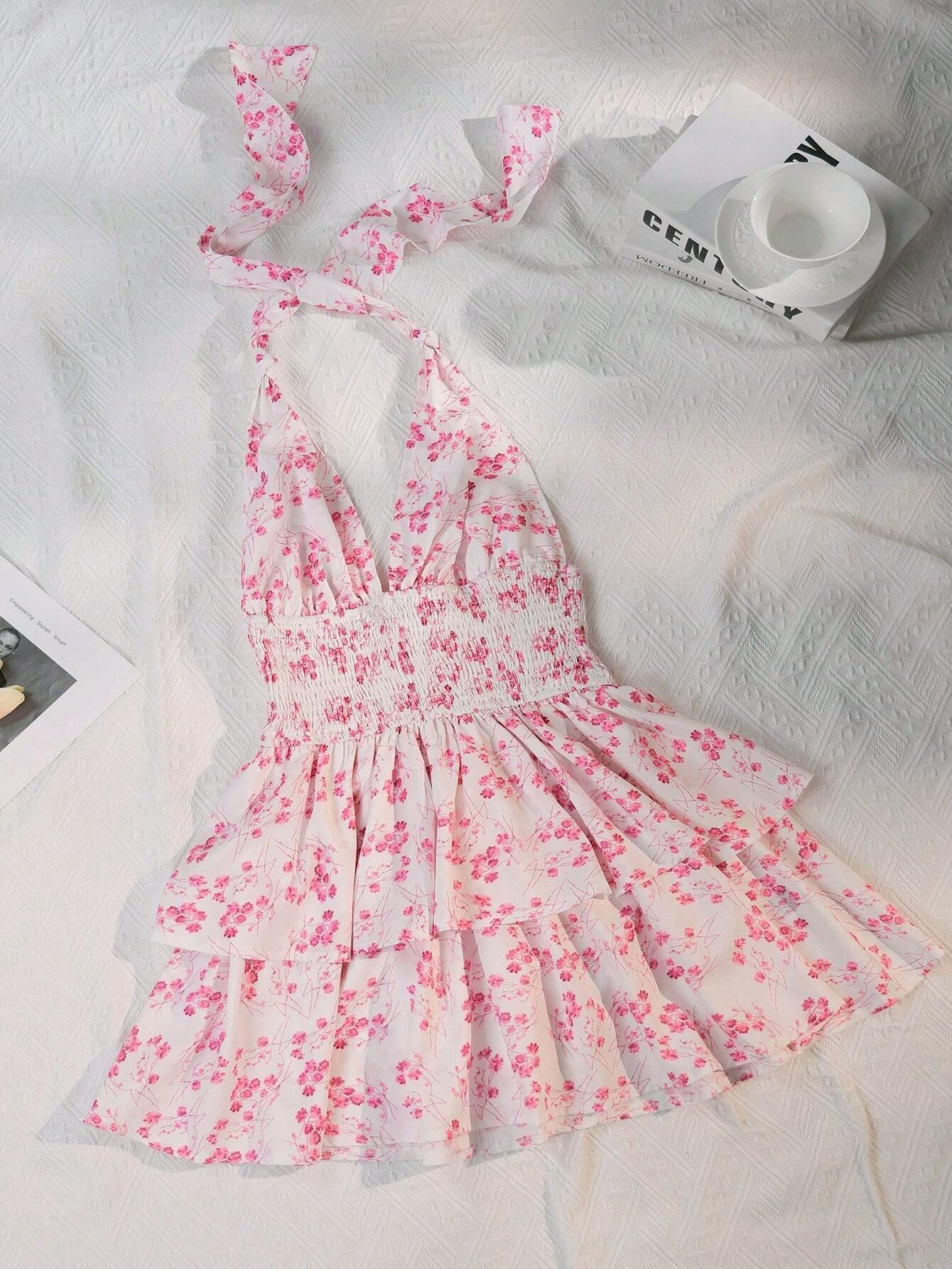 V888-ELOSUNG19349-202502261537-00 XL Pink Chic Floral Halter Mini Dress - Ruffled Hem, Open Back - Perfect for Vacation - Image 1