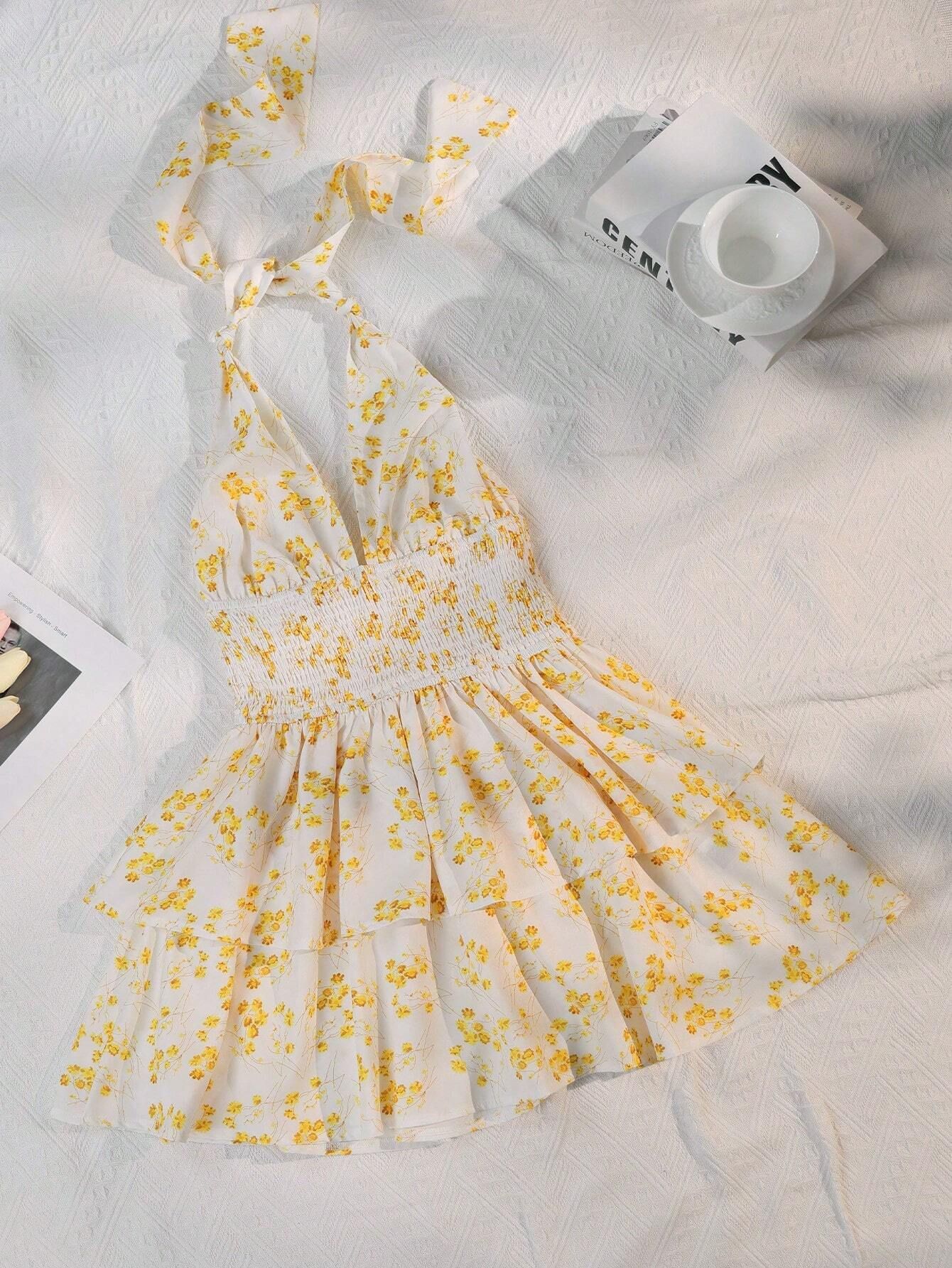 V888-ELOSUNG19351-202502261539-00 M Yellow Chic Floral Halter Mini Dress - Ruffled Hem, Open Back - Perfect for Vacation - Image 1