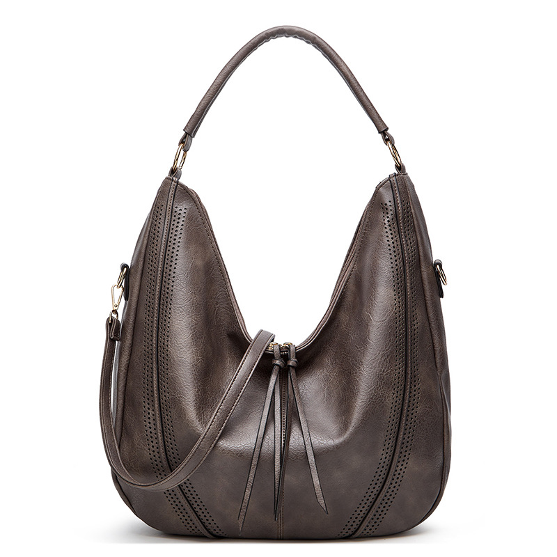 V888-ELOSUNG19389-202502271140-00 Grey Distressed Faux Leather Hobo Bag - Large Capacity Shoulder Bag for Women - Image 1