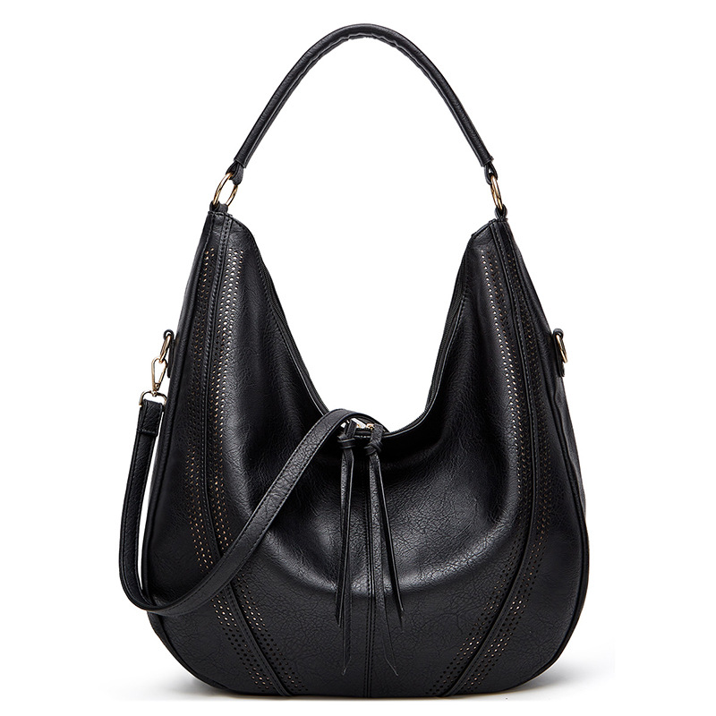 V888-ELOSUNG19390-202502271205-00 Black Distressed Faux Leather Hobo Bag - Large Capacity Shoulder Bag for Women - Image 1