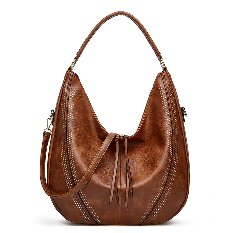 V888-ELOSUNG19391-202502271206-00 Brown Distressed Faux Leather Hobo Bag - Large Capacity Shoulder Bag for Women - Image 1