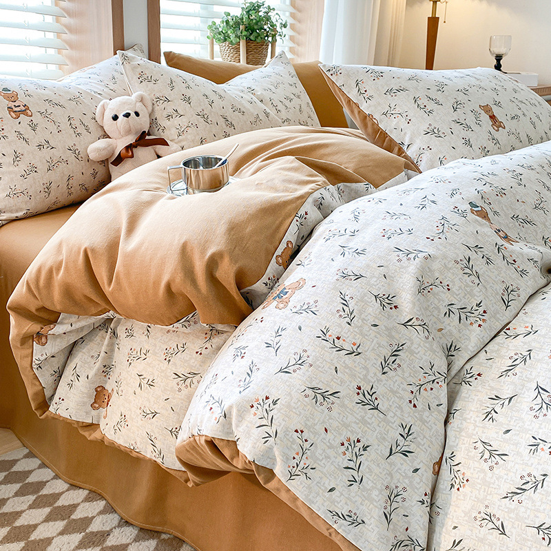 V888-ELOSUNG19465-202503031012-00 Phil Bear Thick Brushed Cotton 4-Piece Bed Sheet Set (1.5m Bed) - Fits 200x230cm Duvet - Image 1
