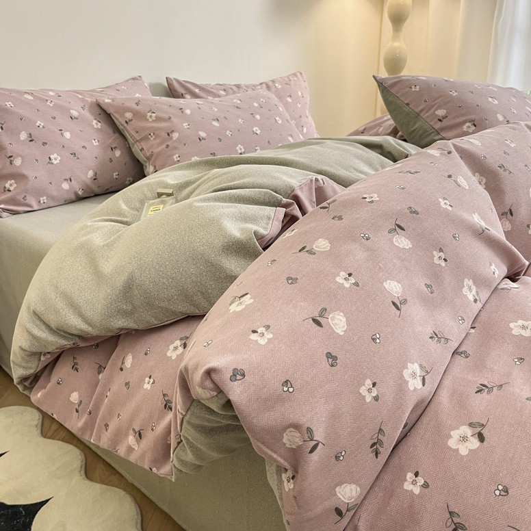 V888-ELOSUNG19471-202503030946-00 Pink-grey Thick Brushed Cotton 4-Piece Bed Sheet Set (1.5m Bed) - Fits 200x230cm Duvet - Image 1