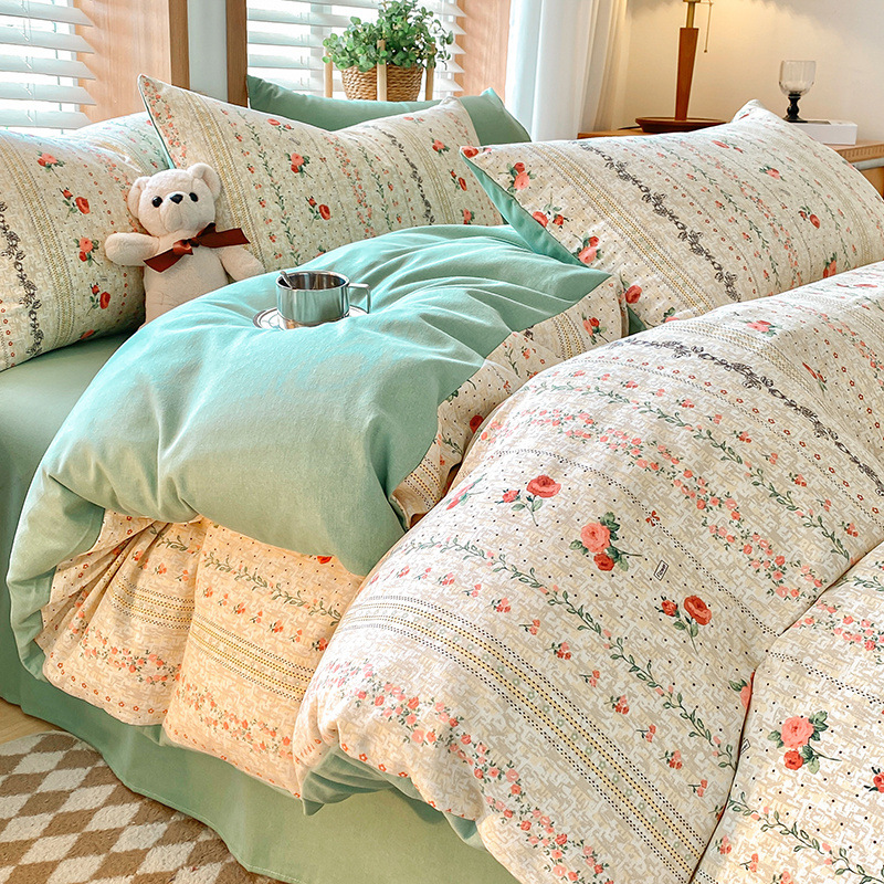 V888-ELOSUNG19476-202503030947-00 Green Flower Thick Brushed Cotton 4-Piece Bed Sheet Set (1.5m Bed) - Fits 200x230cm Duvet - Image 1