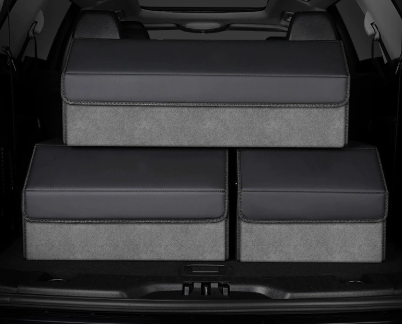 V888-ELOSUNG19561-202503071415-00 Medium Sized Tumbled Leather Grey Foldable Car Trunk Storage Box - Large Capacity Insertable Rear Organizer - Image 1