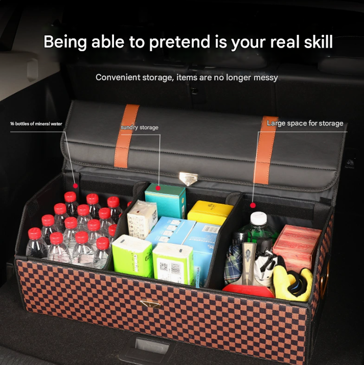 V888-ELOSUNG19578-202503071635-01 Extra Large Tumbled Leather Green Foldable Car Trunk Storage Box - Large Capacity Insertable Rear Organizer - Image 1