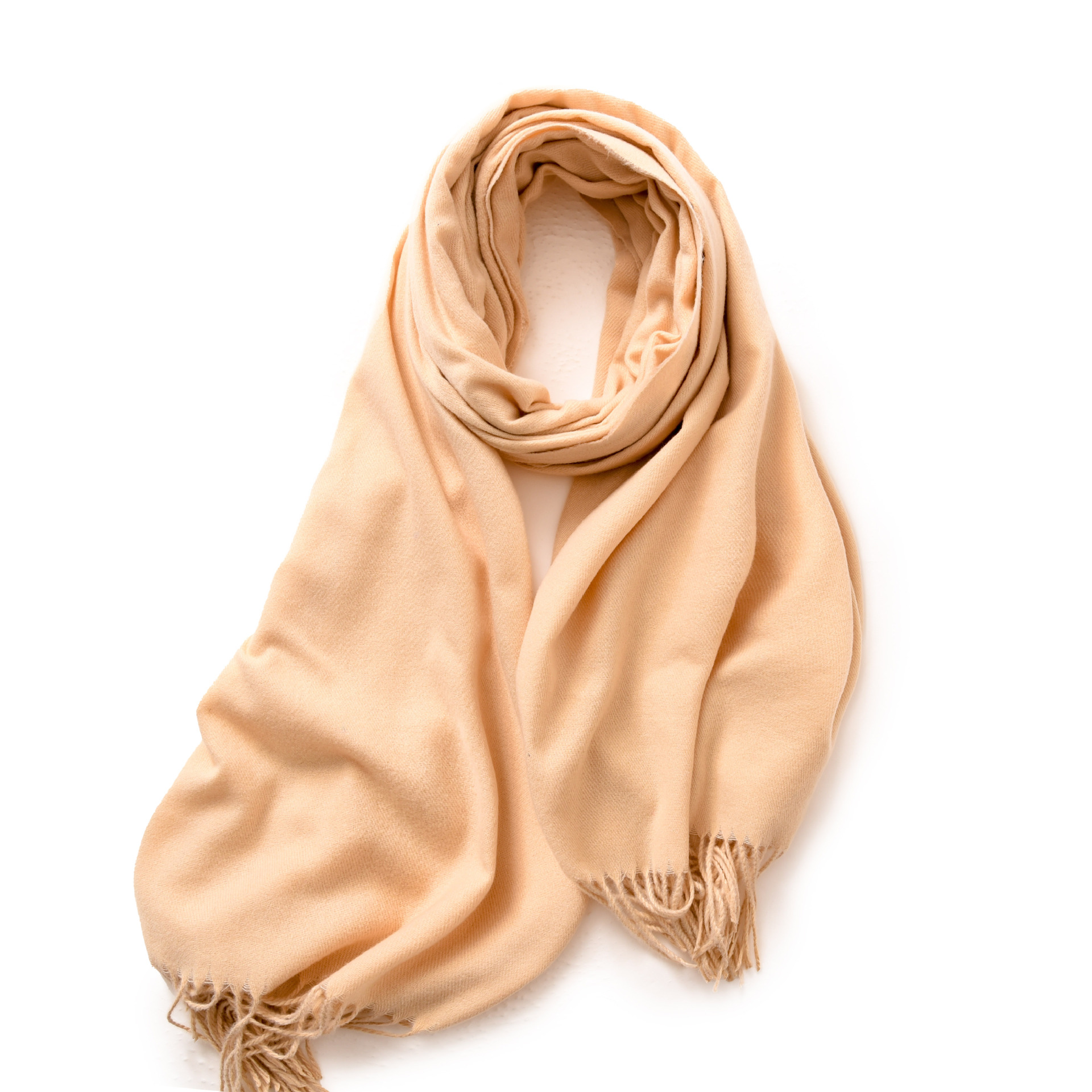 V888-ELOSUNG19634-202503111320-00 Beige 2 PCS Skin Red Solid Color Scarf Shawl with Tassels - Warm Korean Style Wrap (180cm x 70cm) - Image 1